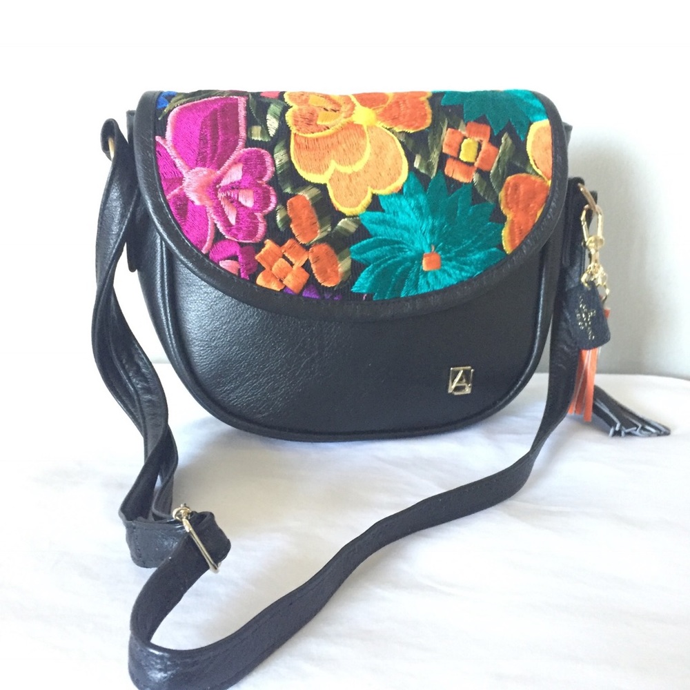 Floral Embroidered Black Crossbody Bag